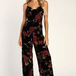 NWT Lulus Elegant Effort Black Velvet Floral Cowl Neck Wide-Leg Jumpsuit